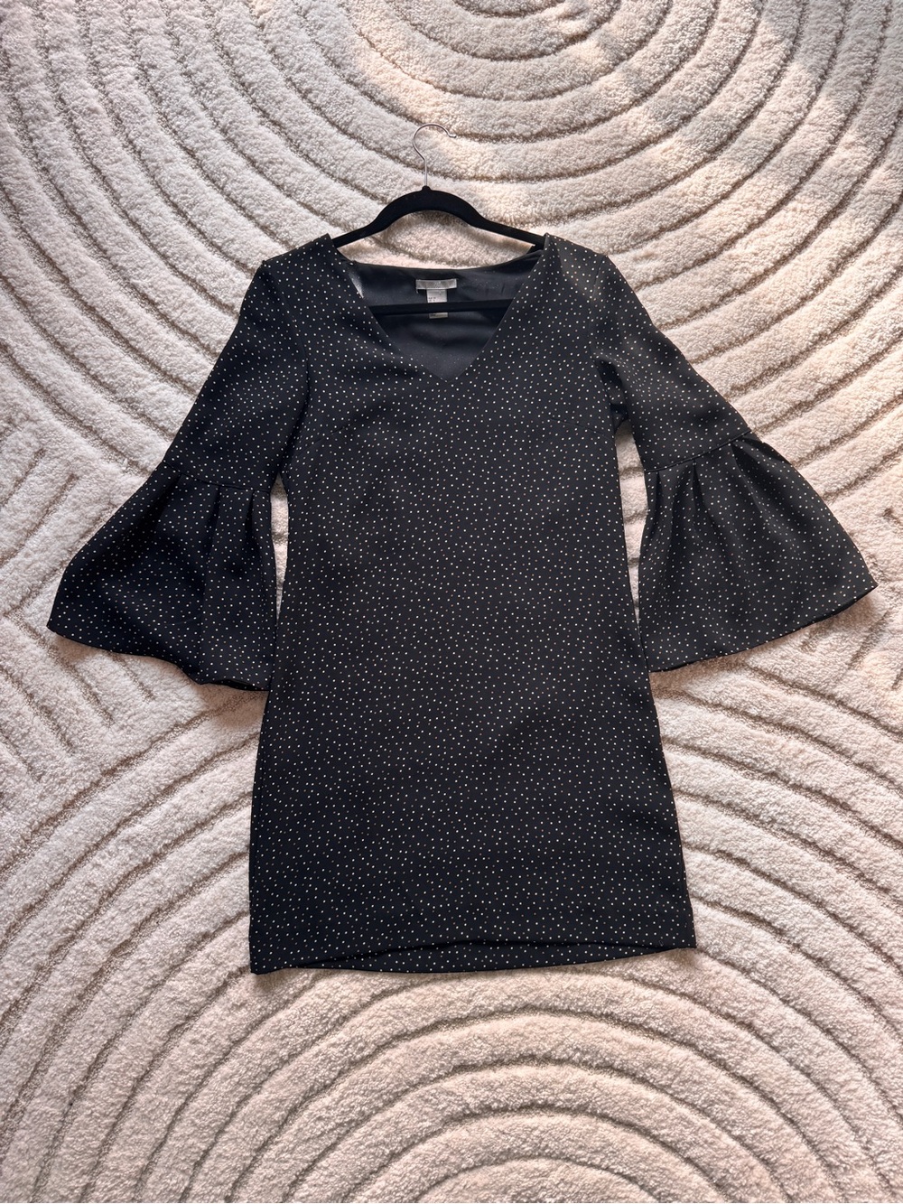 H&M Black Mini Dress with White Polka Dots and Bell Sleeves